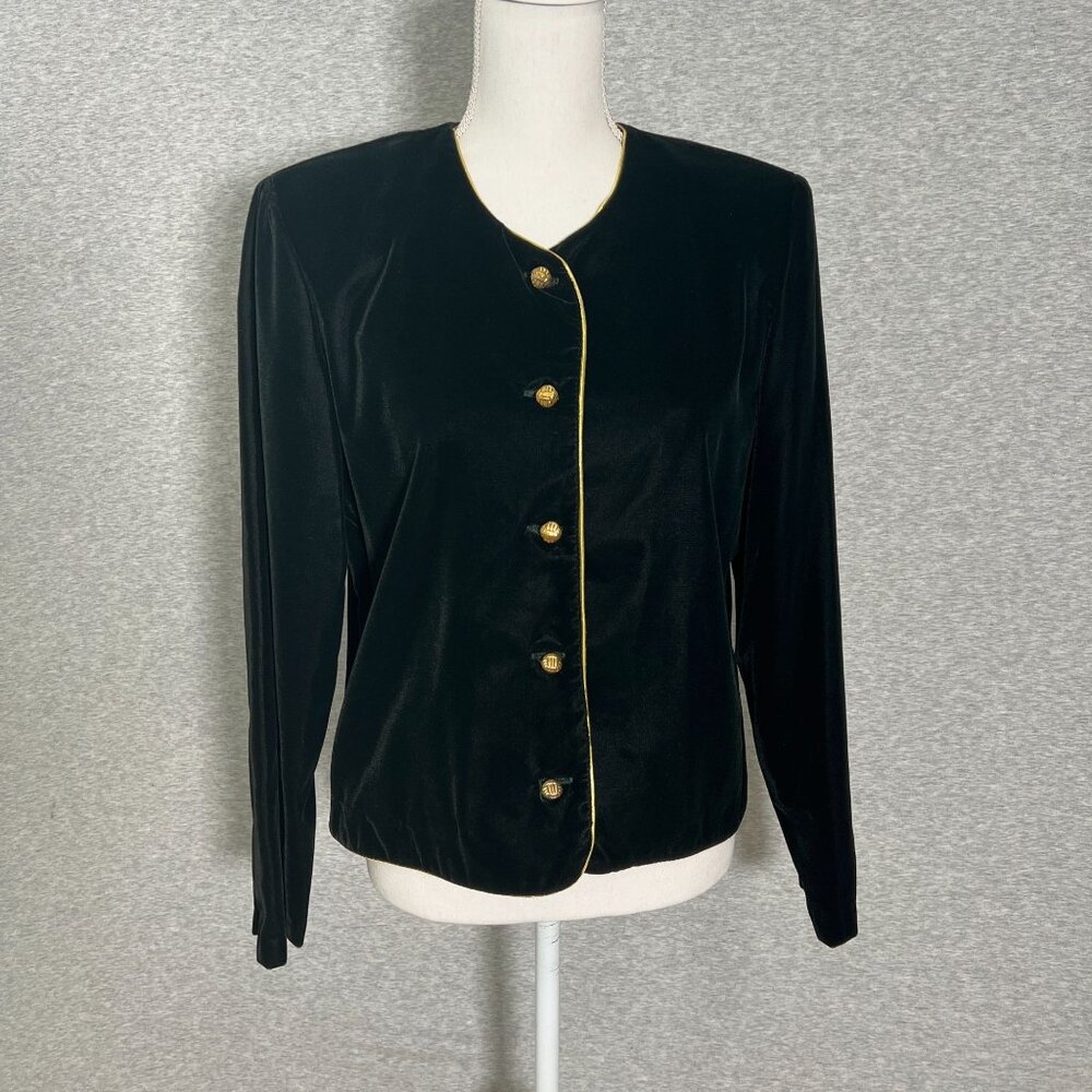 Vintage 90s‎ Velvet Jacket Womens 10 Dark Green Gold Trim Buttons Royal Classic